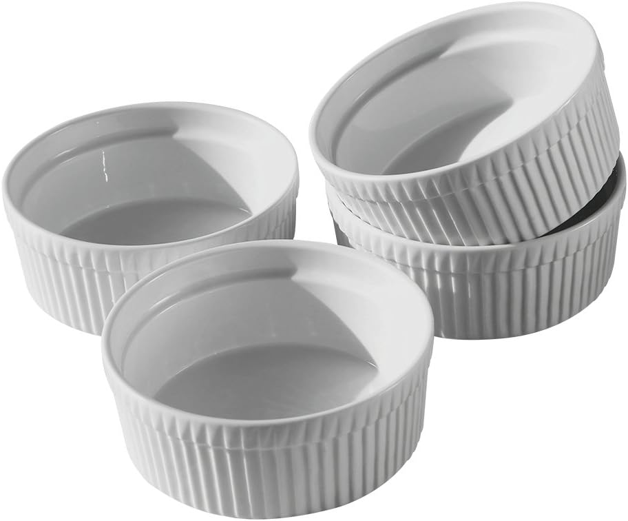 Cinf Porcelain Ramekin White 10 oz. Pudding Bowls Dishes Cup for Baking- Set of 4,Soufflé Cups Dishes, Creme Brulee, Custard Cups, Desserts,Oven,Microwave,Freezer and Dishwasher Safe