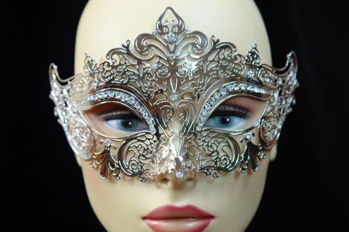 Laser Cut Venetian Halloween Masquerade Mask Costume Extravagant and Elegant Finely Detailed Inspire Design - Silver w/ Rhinestones
