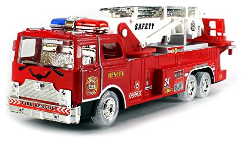 VT MFD Fire Rescue Zero Team Battery Operated Bump & Go Toy Fire Truck w/ Flashing Lights, Sounds, 360° Rotating Extending Crane, Light Up Wheels