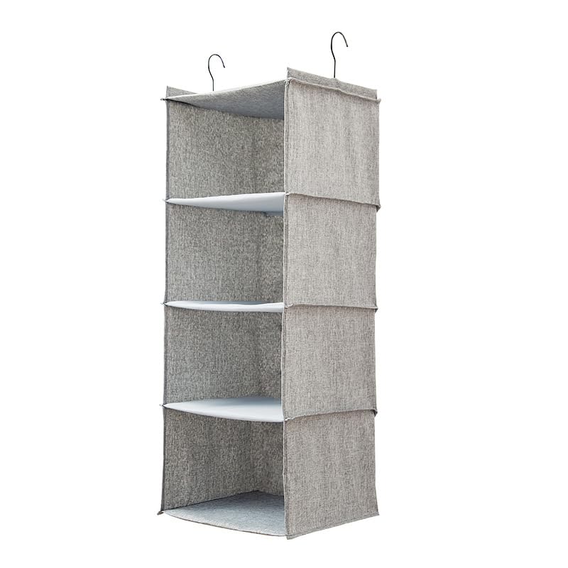 BOMEI PACK Grey Hanging Wardrobe Closet Organizer Shelves with 4 foldable Storage compartments,easy hang up with Curved Metal Hooks for storage sorting organise 1 pack