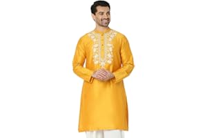 In-Sattva Men's Indian Embroidered Banded Collar and Placket Long Kurta Tunic