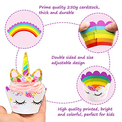 24 Pack Unicorn Cupcake Toppers and Wrappers Birthday Cake Decorations +2 Unicorn Masks for Unicorn Themed Party Baby Shower Supplies