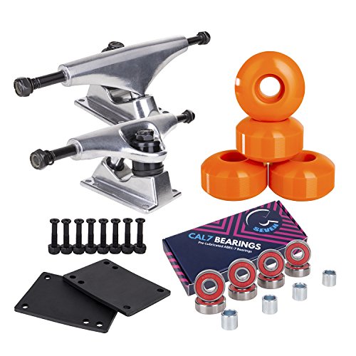 Cal 7 Skateboard Package Combo with 5 Inch / 129 Millimeter Trucks, 52mm 99A Wheels, Complete Set of Bearings and Steel Hardware (Silver Truck + Orange Wheels) - Thumbnail 4