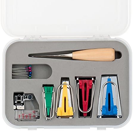BAKTOONS Bias Tape Maker Set, Tape Maker for Sewing Quilting 6/12/18/25 MM Awl Adjustable Bias Binder Foot with Plastic Tool Box (Bias Tape Maker Set, Muticolor)