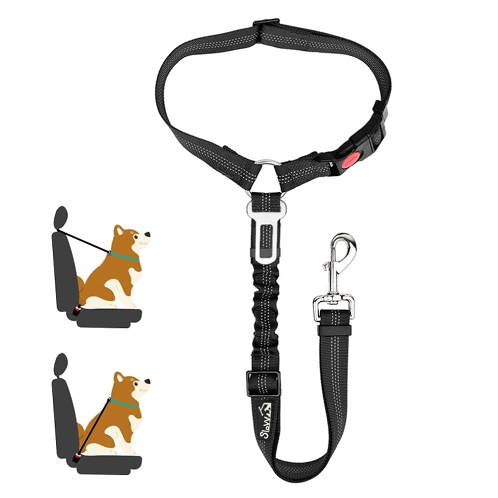 SlowTon 2 in 1 Dog Seatbelts for Cars UK, 1 Pack Pet Car Seat belt Headrest Restraint with Seatbelt Clip Puppy Safety Adjustable Dog Car Harness Belt with Anti-Shock Elastic Bungee Buffer for Vehicles