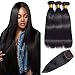 Brazilian Straight Hair 3 Bundles With Closure (16 18 20 with 14 inch) 9A Unprocessed Virgin Brazilian Straight Human Hair Weave Bundles with Closure Natural Color