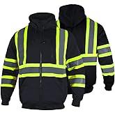 FONIRRA Hi Vis Safety Fleece Zip Hoodie for Men Reflective Sweatshirts ANSI Class 3 Jackets Detachable Hood (Black,XL)