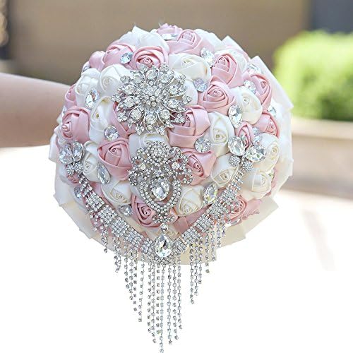 KUPARK Crystal Rhinestone Ribbon Rose Bridal Bridesmaid Bouquets Wedding Flower Bouquet