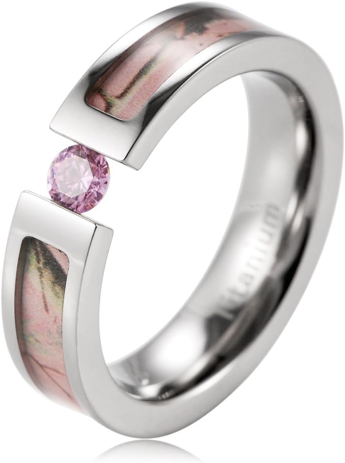 SHARDON Women's 5mm Pink Tree Camo Titanium Tension Set Ring with a Pink CZ Stone