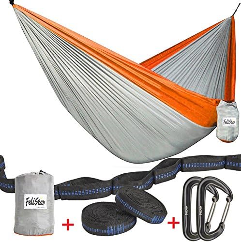 Hammock - Camping Double Hammock- Portable Parachute Nylon Hammock With Tree Straps &amp; Alloy Carabiners For Backpacking Garden, Backyard,Hiking &amp;Traveling (ORANGE/GREY, DOUBLE)