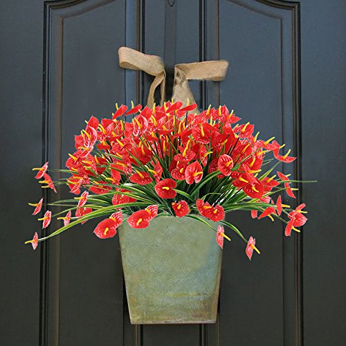 Nahuaa 4PCS Artificial Anthurium Flowers Fake Greenery Plants Faux Plastic Wheat Grass Shrubs Table Centerpieces Arrangements Home Kitchen Office Indoor Outdoor Spring Decorations Red