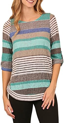 Women's Striped 3/4 Sleeve Top Blouse Made in USA (Large, Mint)