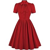 Vintage Women 1940s Bow Tie Neck Dress Retro 40s 50s Button Up Business Work A-line Cocktail Dresses