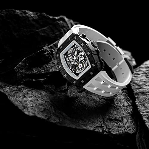 TSAR BOMBA Watch for Men, 50M Waterproof Automatic Mens Watch, Skeleton Mechanical Tonneau Big Face Dial Black Watch with Silicone Watch Bands, Gifts for Men