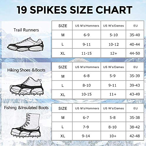 Vodche Traction Cleats Crampons Ice Snow Grips for Boots Shoes Stainless Steel Ice Cleats with 19 Spikes Safe Protect for Walking, Jogging, Climbing and Hiking (X-Large) - Thumbnail 5