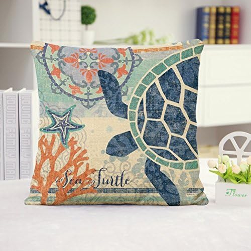 Wevda Sea Turtle Octopus Fishes Retro Cotton Linen Square Throw Pillow Case Decorative Cushion Cover Pillowcase Blue Ocean Series Sea Life 1818 - Sea Turtle