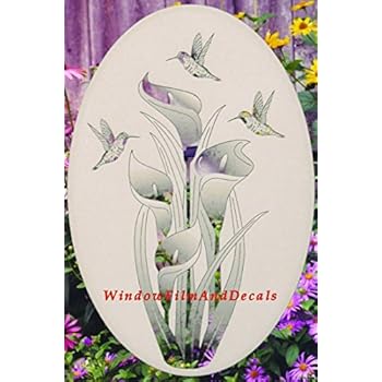 Lily & Hummingbirds Oval Etched Window Decal Vinyl Glass Cling - 21