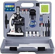AmScope 120X-1200X 52-pcs Kids Beginner Microscope STEM Kit with Metal Body Microscope, Plastic Slides, LED Li