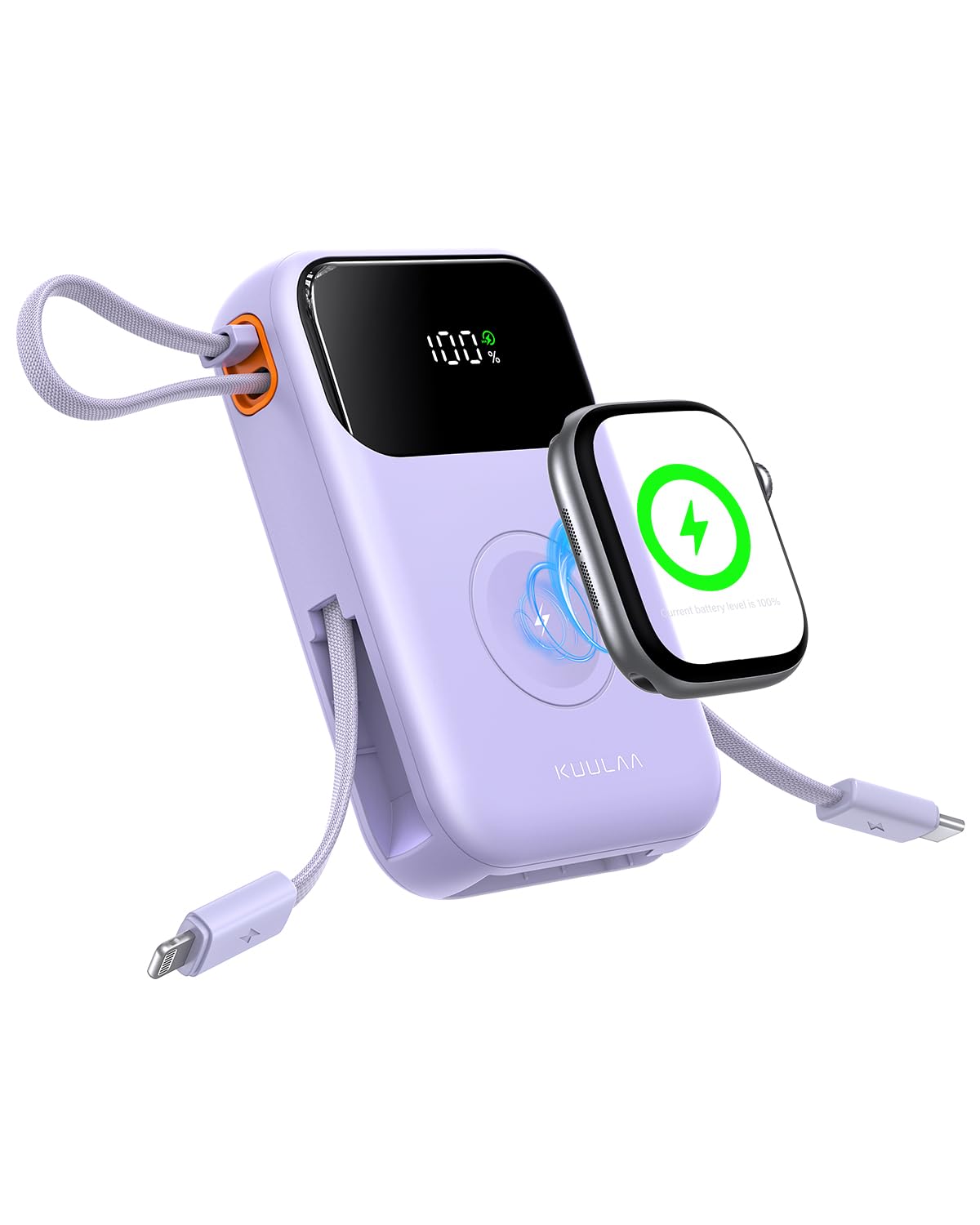 Photo 1 of Kuulaa Portable Charger 10000mAh PD 20W Fast Charging Portable Charger Power Bank with Built in Cables, Travel Battery Pack for iPhone 16/15/14/13/12 and Apple Watch Ultra/9/8/7/6/5/4/3/2, Purple