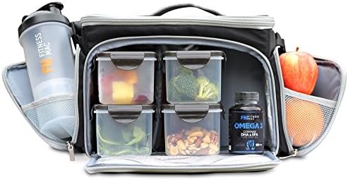 Ultimate Meal Prep Bag by Fitness Mac - Bundle Includes 4 Portion Control Containers, a Twist n' Lock Protein Shaker Cup with Vitamin &amp; Protein Storage, and 3 Gel Packs (Black/Grey)