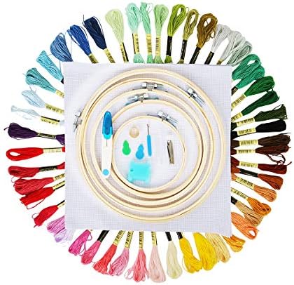 FunHoo Embroidery Starter Kit Including 5 Plastic/Bamboo Hoops, 50 Color Threads, Reserve Aida, Cross Stitch Sewing Tool Set for Beginners (Bamboo Hoops)