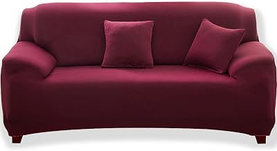 Teynewer 1-Piece Fit Stretch Sofa Cover 4 Seater Wine Red Elastic