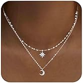 Yheakne Boho Moon Star Necklace Silver Layered Rhinestone Moon Necklace Cz North Star Pendant Necklace Lace Chain Necklace Chain Jewelry for Women