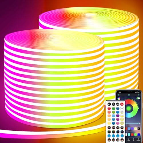 Segrass 2X20M Neon Rope Mit App/Fernbedienung, Flexible Led Strip, Verschiedene Modi, Ip65-Wasserdichte Rgb Beleuchtung Für Outdoor Und Musik-Synchronisation Im Schlafzimmer