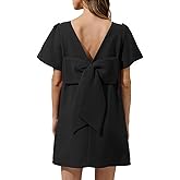 Kedera Women's Casual Mini Bow Crew Neck Short Sleeves Loose Dresses Swing Solid Shift Dress with Pockets