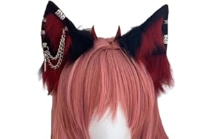 VIGVAN Handmade Wolf Fox Ears Animal Cosplay Cute Head Accessories for Halloween (Chain Black Red)