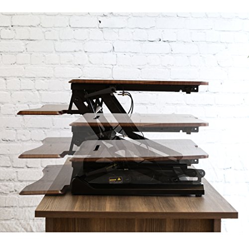 AIRLIFT 35.4" Gas-Spring Standing Desk Converter Workstation | Ergonomic Dual Monitor Riser with Keyboard Tray and Phone/Tablet Holder Height Adjustable to 19.1", Walnut - Thumbnail 4