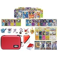Totem World Pokemon Premium Collection 100 Cards with Tag Team GX Mega EX Trainer or Shining Holo, 10 Rares, 4 Booster Packs, 100 Protector Sleeves, Poke Ball Theme Card Case, Deck Box and Figure