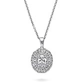 BERRICLE Sterling Silver Halo Oval Cut Cubic Zirconia CZ Vintage Inspired Art Deco Anniversary Pendant Necklace for Women, Rhodium Plated 18 inch
