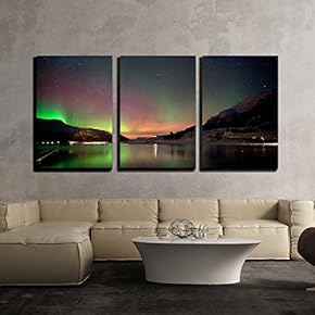 3 Piece Canvas Wall Art - Arctic Night Aurora Borealis Reflected on The Fjord - Modern Home Art Stretched and Framed Ready to Hang - 16"x24"x3 Panels
