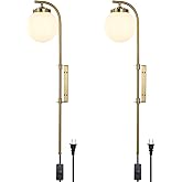 ELEHINSER Gold Wall Sconces Set of 2 with Globe Shade, Modern Indoor Plug in Wall Lamps with Switch, Angle Adjustable Light f