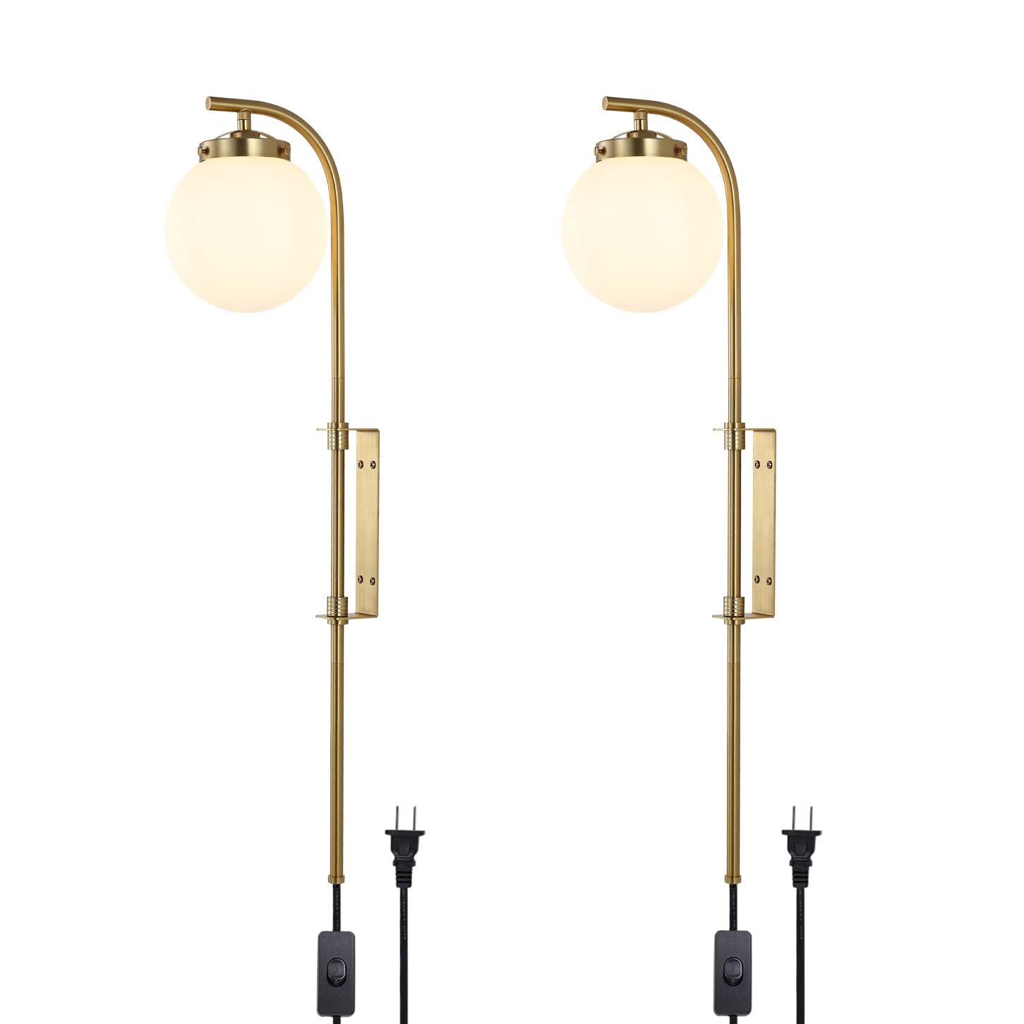 Photo 1 of ELEHINSER Gold Wall Sconces Set of 2 with Globe Shade, Modern Indoor Plug in Wall Lamps with Switch, Angle Adjustable Light for Bedroom Living Room Study Hallway Bedside