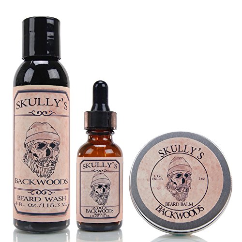 Skully's (Backwoods Scent) Beard Kit Combo Pack - Beard Oil, Beard Balm and Beard Wash for Men (Eucalyptus, Cedar Wood, Fir Needle and Dark Patchouli)
