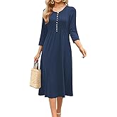 Soesdemo Long Sleeve Dress for Women Casual V Neck Pleated Button Down 3/4 Sleeves Knee Length Midi Dresses with Pockets