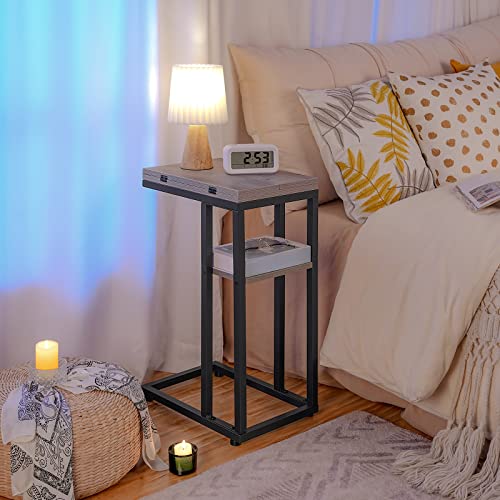 HOOBRO C-Shaped Side Table for Living Room, C Shaped Sofa End Table with Storage Shelf, Slim Couch Snack Table for Small Spaces, Foldable Tabletop, Easy Assembly, Greige and Black EBG29SF01