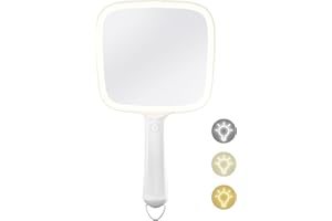 FAMIHOMII Lighted Handheld Mirror with 3 Light Color and Dimmable, 6.2'' X 5.9'' Makeup Mirror, Wide Viewing Angle, Lightweight & Durable, 4 AAA Battery, Versatile & Hangable for Makeup Application (White)