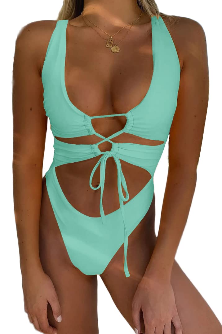 Photo 1 of CHYRII Women's Sexy Cutout Lace Up Backless High Cut One Piece Swimsuit Monokini Beach Glass S