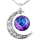 Joyplancraft Galaxy Necklace Hollow Out Crescent with Blue Purple Star Galactic Cosmic Moon Necklace