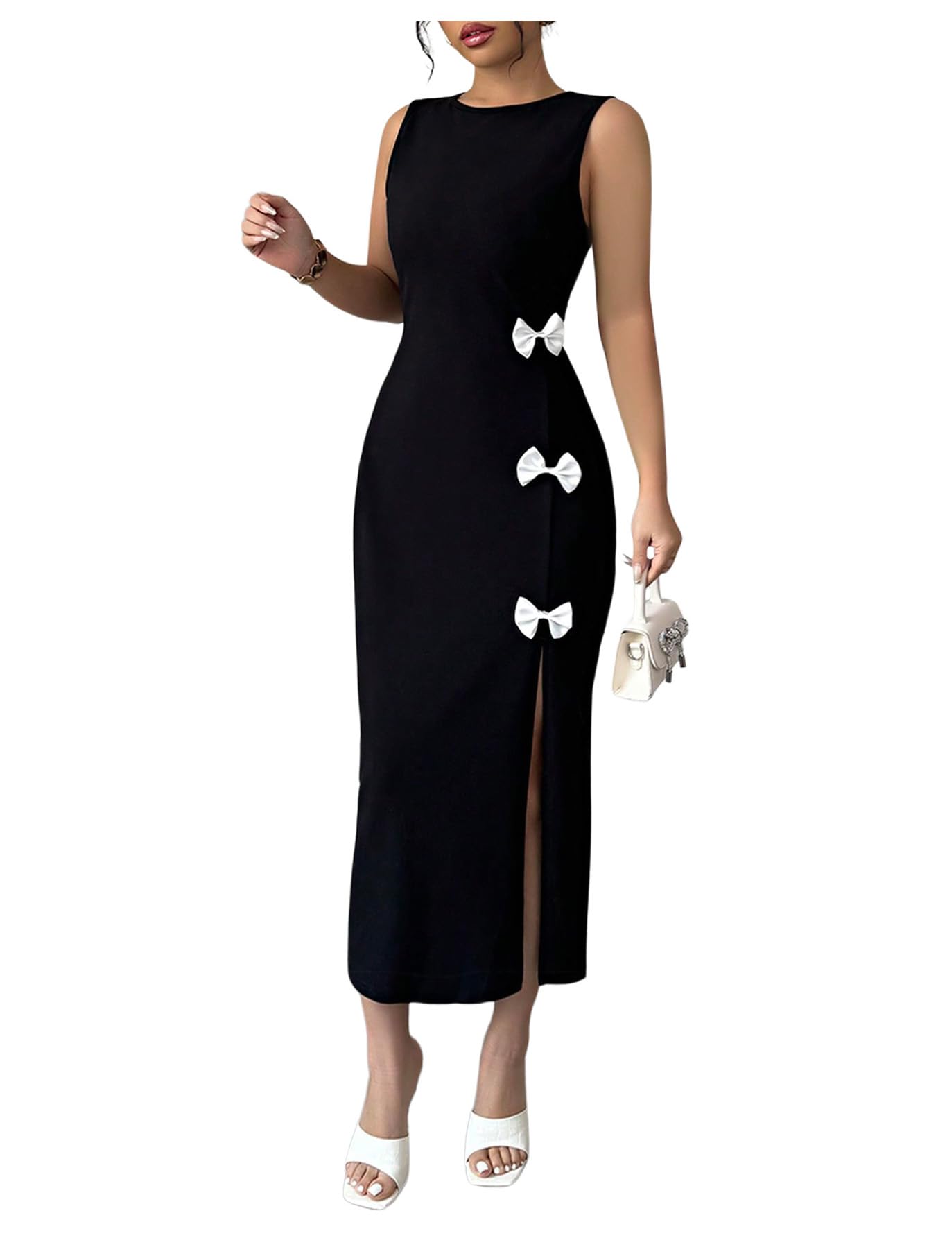 Photo 1 of SOLY HUX Women's Bow Tank Dress Crew Neck Sleeveless Split Bodycon Midi Dresses Solid Black Large