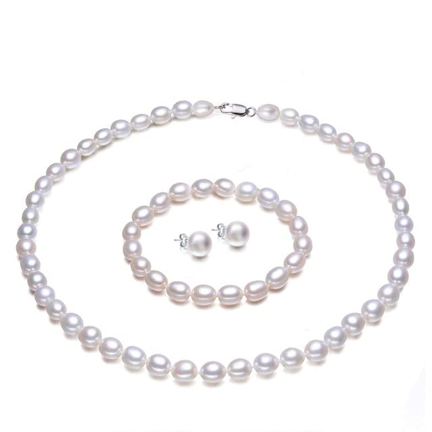 Treasure Bay Natural 7mm White Freshwater Pearl Necklace Bracelet and Earrings Women's Pearl Jewellery Set Gift for her