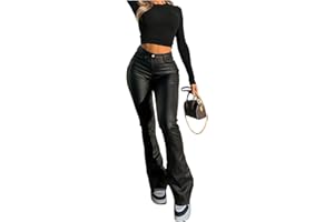 WDIRARA Women's PU Leather High Waisted Bell Bottom Flare Pants Party Club Streetwear