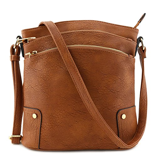 Triple zip pocket large crossbody bag brown