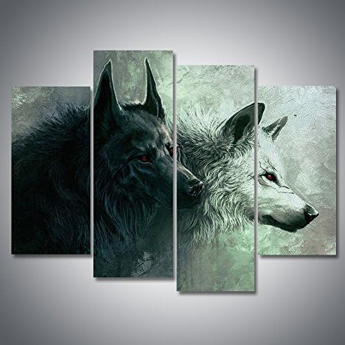 Eyedow Decor Art Modern Wall Artwork Couple Black And White Wolf Two Wolves Animal Gaze At Sight HD Giclee Printing Oil Painting On Canvas Digital Photo Framed Picture Home Office Decoration