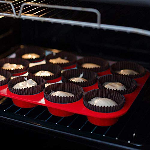 Silicone Muffin Pan Silicone Cupcake Baking Cups, 12 Non Stick Silicone Molds for Muffin Tins| Easy Clean |BPA Free| Mini Cupcake Pan (Red)
