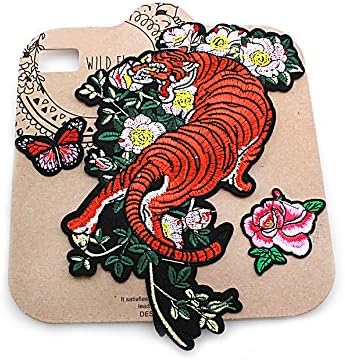 Dear Riley DIY Iron On Decorative Applique Patch Three Piece Set, Embroidered Tiger, Butterfly & Pink Rose