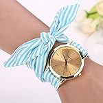 Malltop Elegant Women Floral Stripe Cloth Bracelet Mineral Glass Dial Window Quartz Analog Wrist Watch (Blue)
